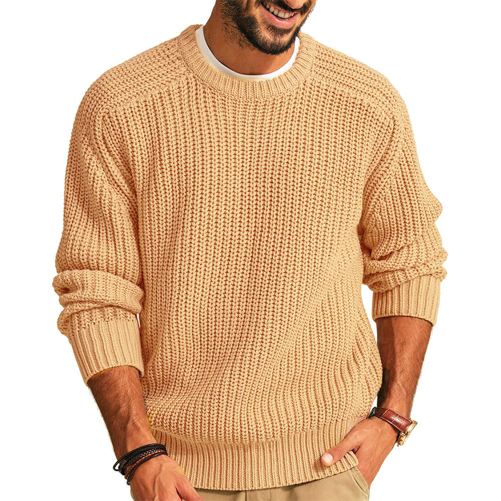 Men's Solid Color Long Sleeve Round Neck Fashion Sweater Loose Retro Sweater