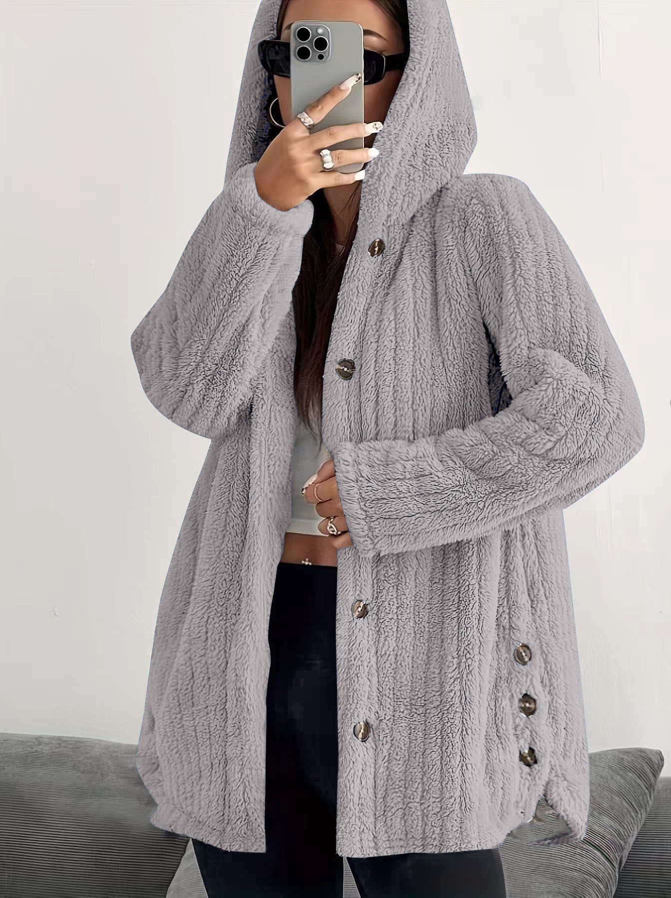 Hooded Loose Plush Coat Women's Regular Sleeve