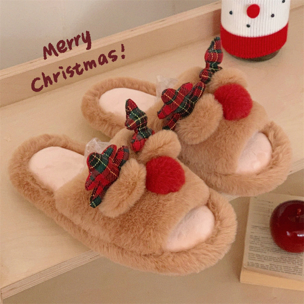 Indoor Cute One-word Cotton Slippers Autumn Women's Cartoon Fluffy Slippers