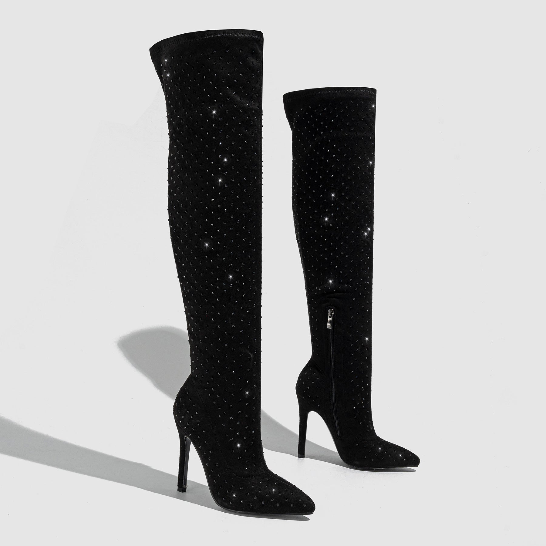 Pointed Toe Diamond Stiletto Heel Side Zipper Over-the-knee High Boots