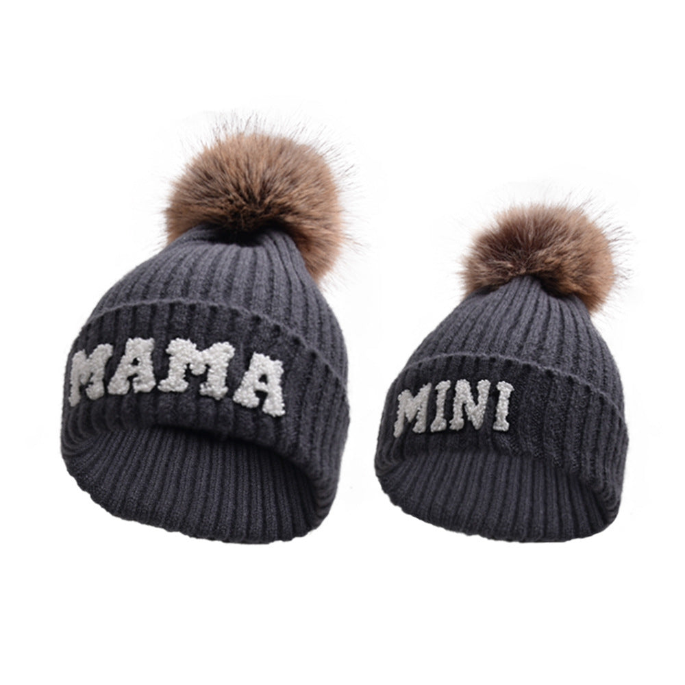 Letter MAMA Woolen Cap Outdoor Fur Ball Warm Hat