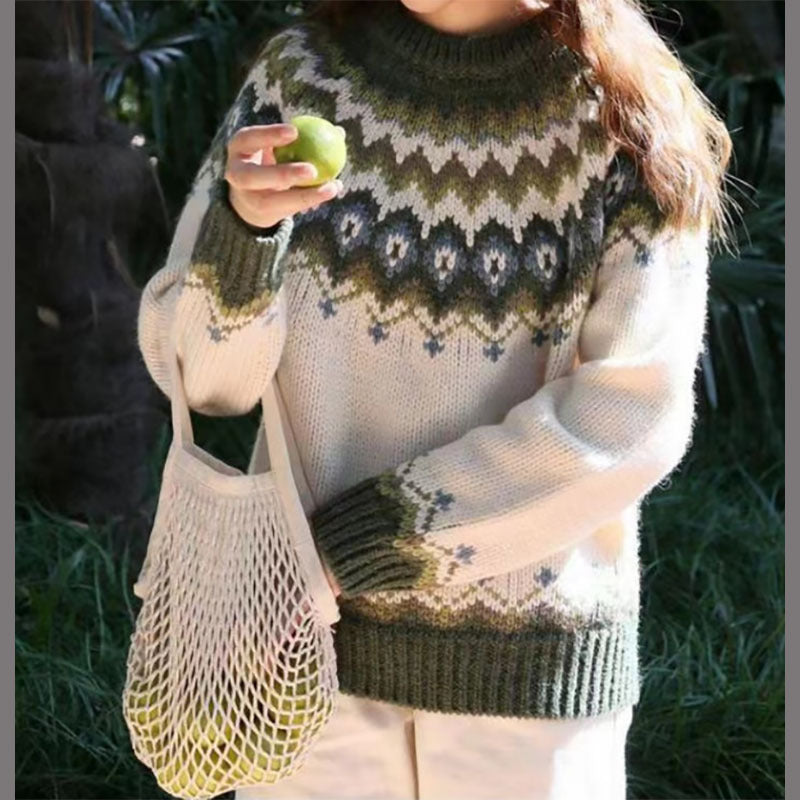 Round Neck Pullover Jacquard Vintage Print Sweater