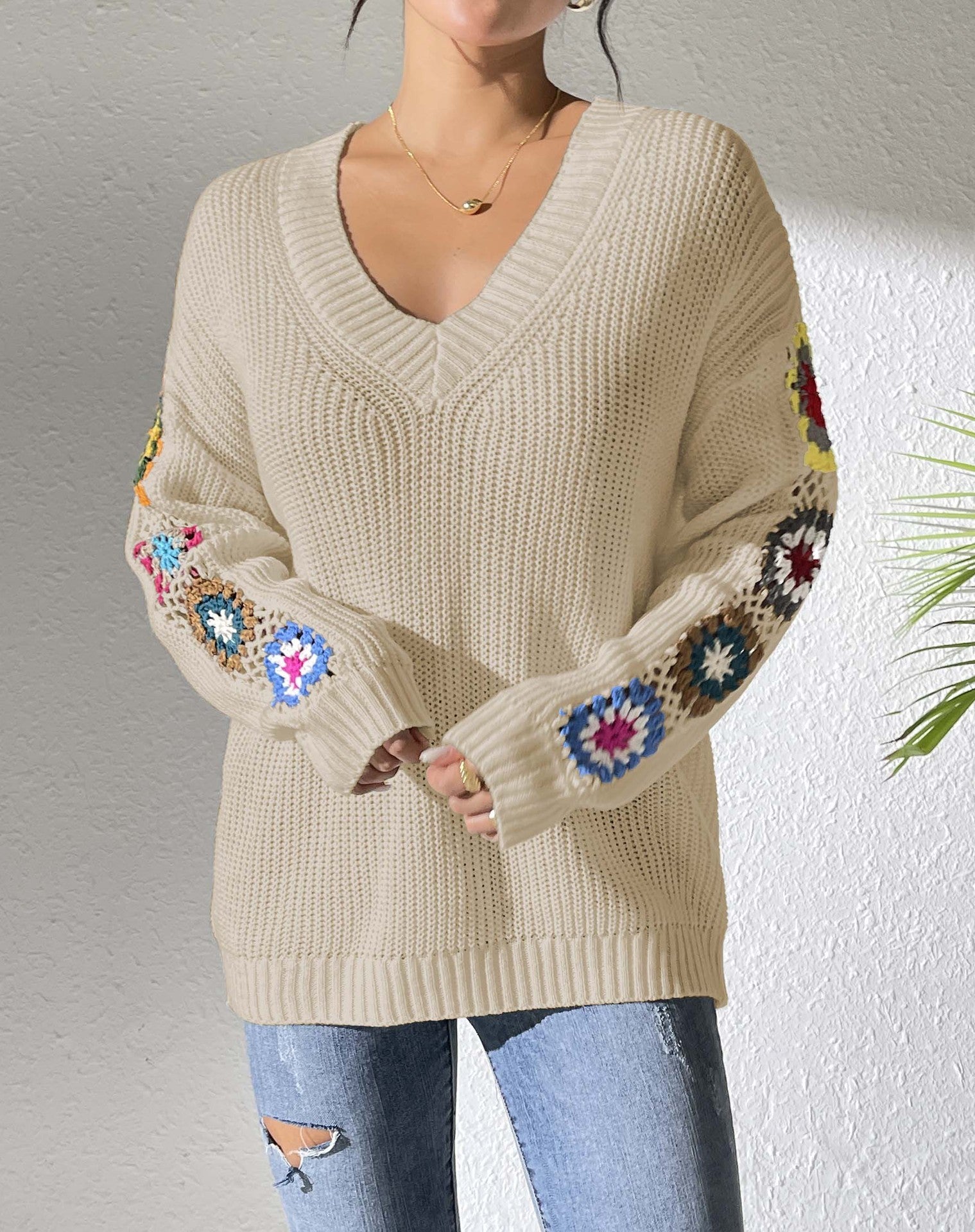 Autumn And Winter Crochet Stitching V-neck Pullover Sweater
