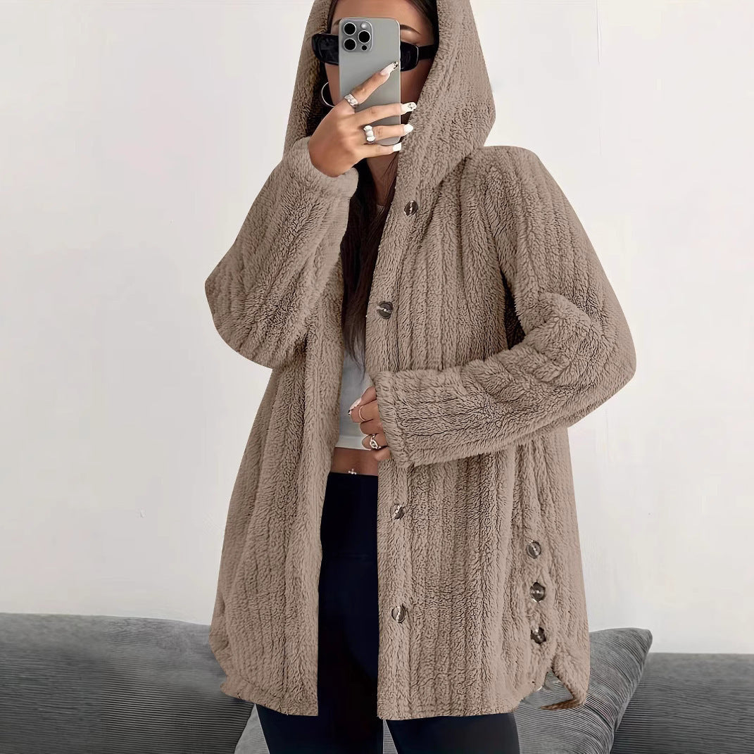 Hooded Loose Plush Coat Women's Regular Sleeve