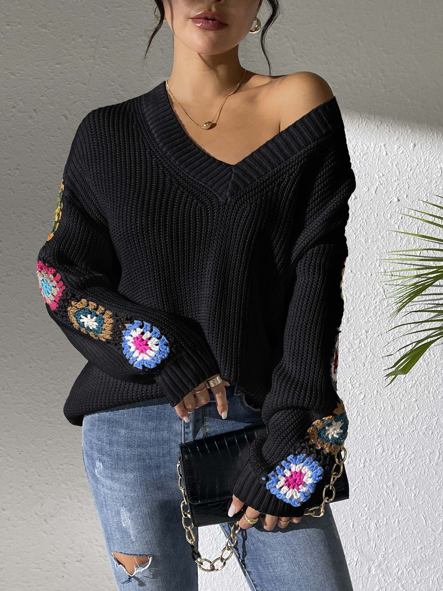 Autumn And Winter Crochet Stitching V-neck Pullover Sweater