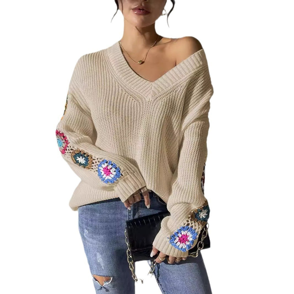 Autumn And Winter Crochet Stitching V-neck Pullover Sweater