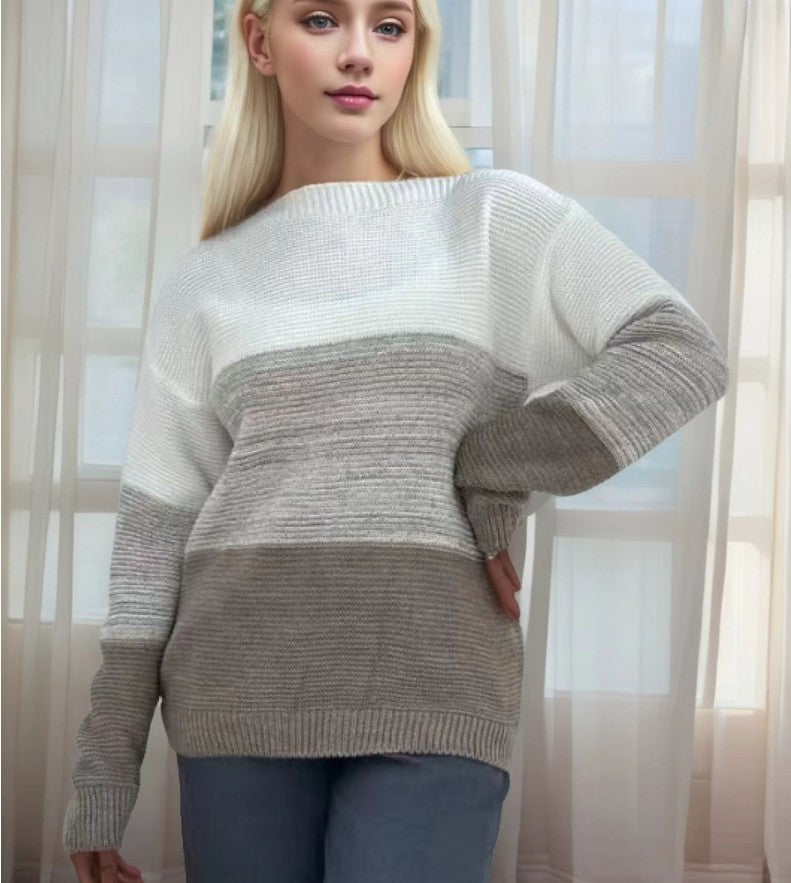 Pullover Knitted Sweater Fashion Round Neck Splicing Knitwear Loose Top Women's Clothing