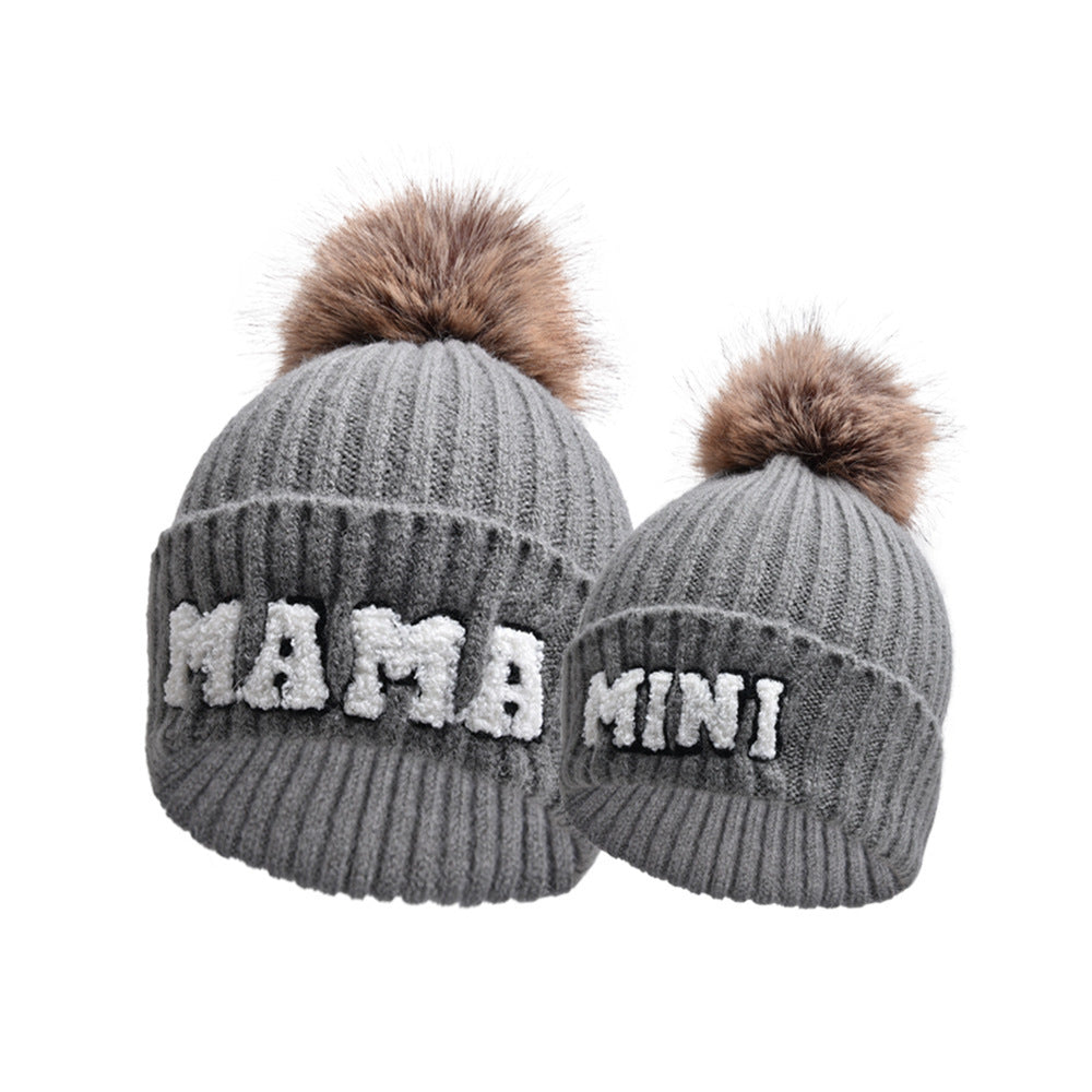 Letter MAMA Woolen Cap Outdoor Fur Ball Warm Hat