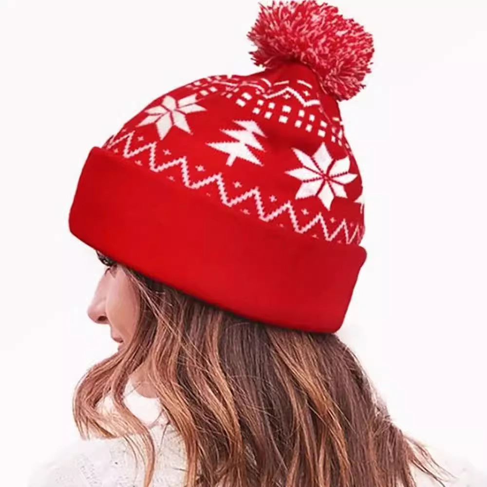 Jacquard Christmas Fluffy Ball Cap Thermal Head Cover Knitted Hat