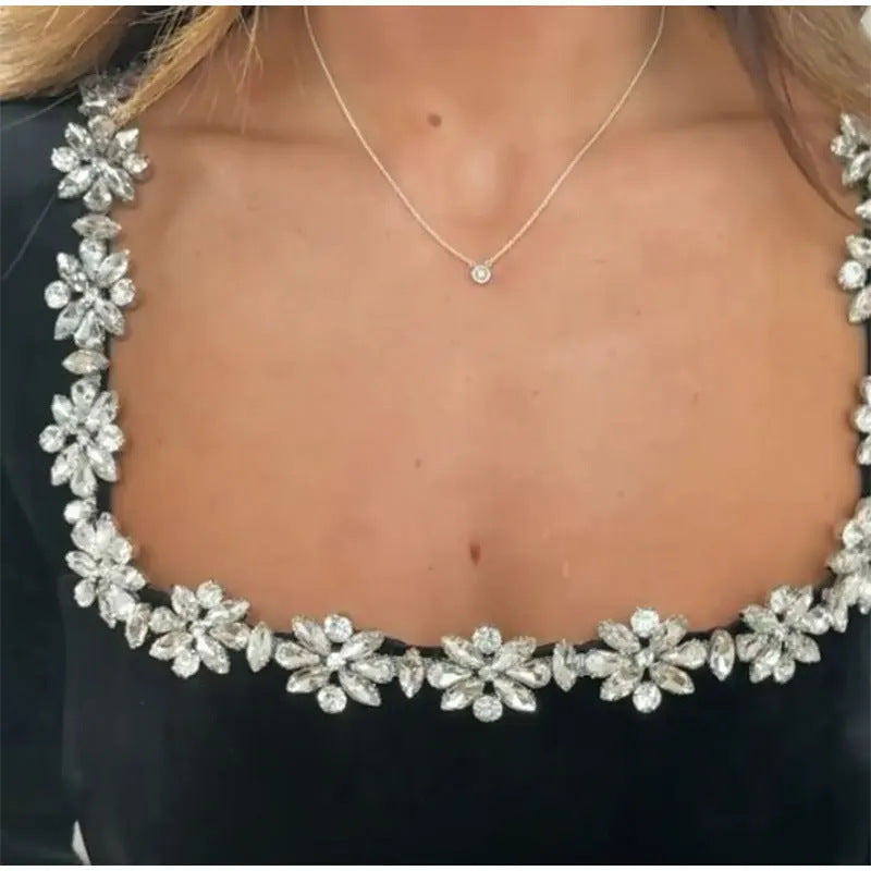 Christmas Elegant Square Neck Long-sleeved Dress With Flowers Rhinestone Design Fashion A-line Short Dresses Spring Clothing For Women