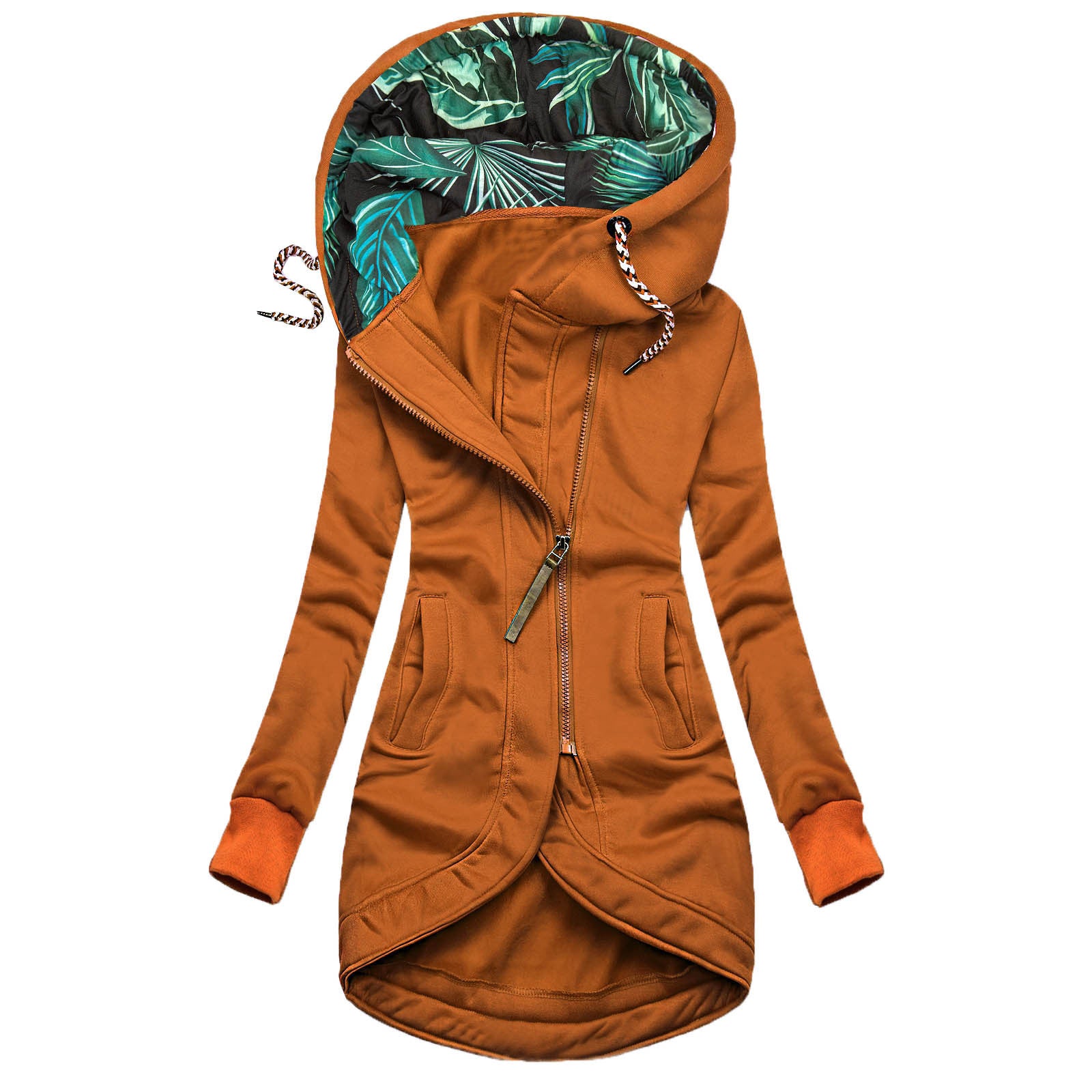 Solid Colour Printed Hooded Long Sleeve Jacket
