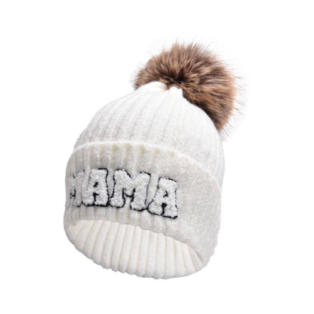 Letter MAMA Woolen Cap Outdoor Fur Ball Warm Hat