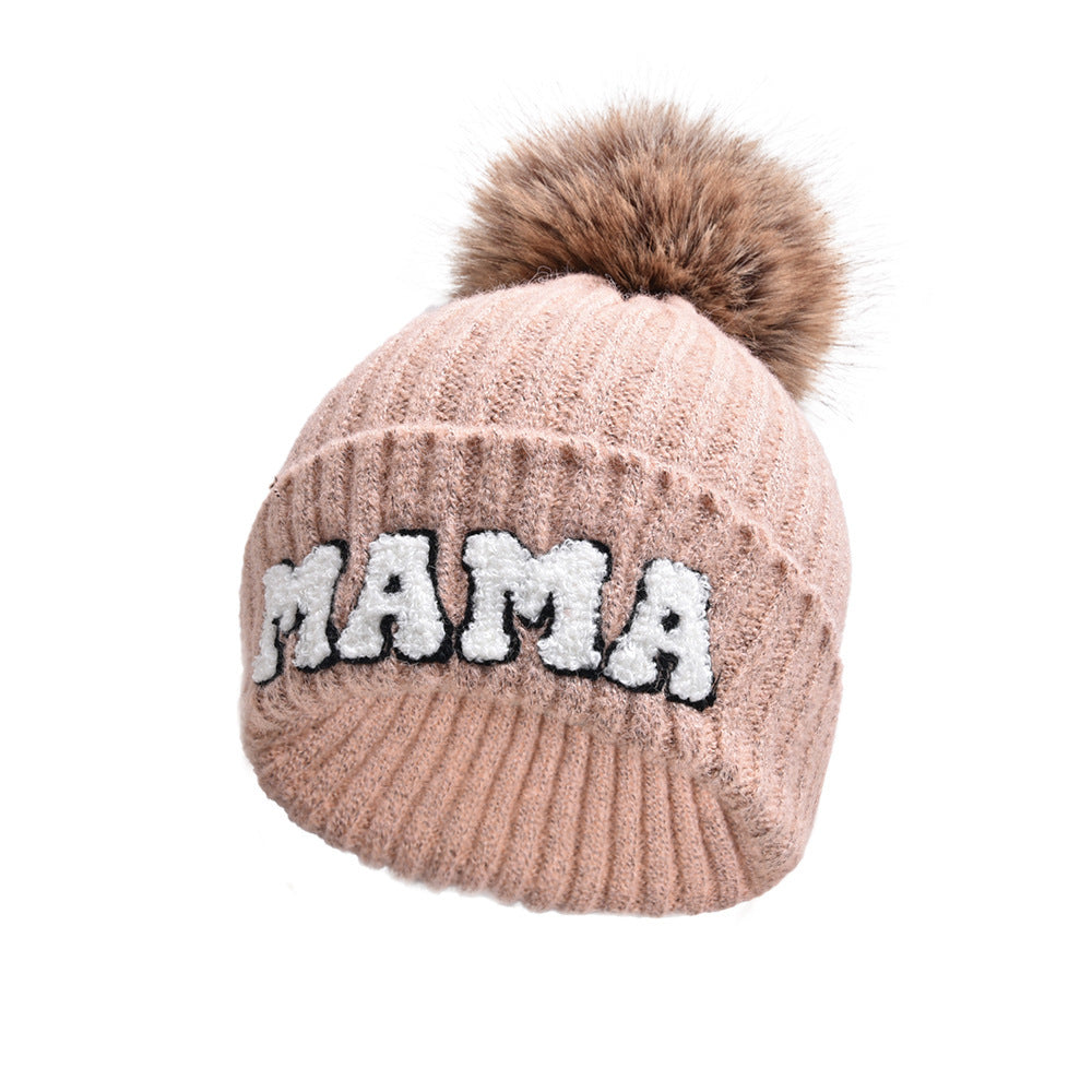 Letter MAMA Woolen Cap Outdoor Fur Ball Warm Hat