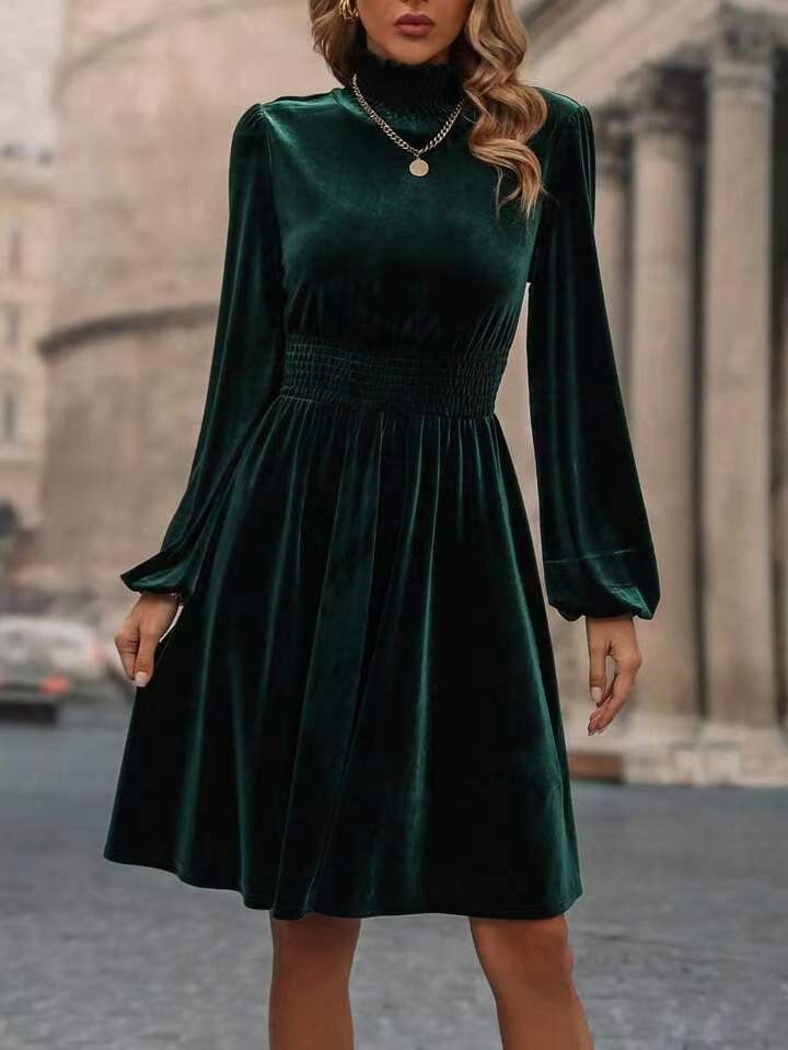 Graceful Stand Collar Solid Color Velvet Long Sleeve Dress