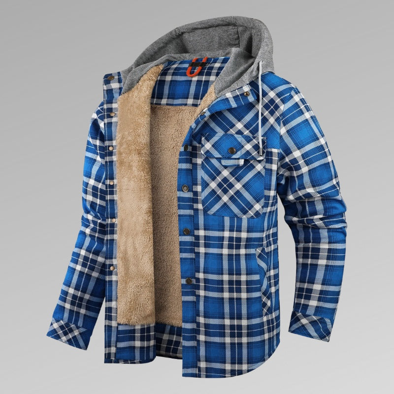 Men's Long Sleeve Velvet Thickened Hooded Plaid Shirt Coat
