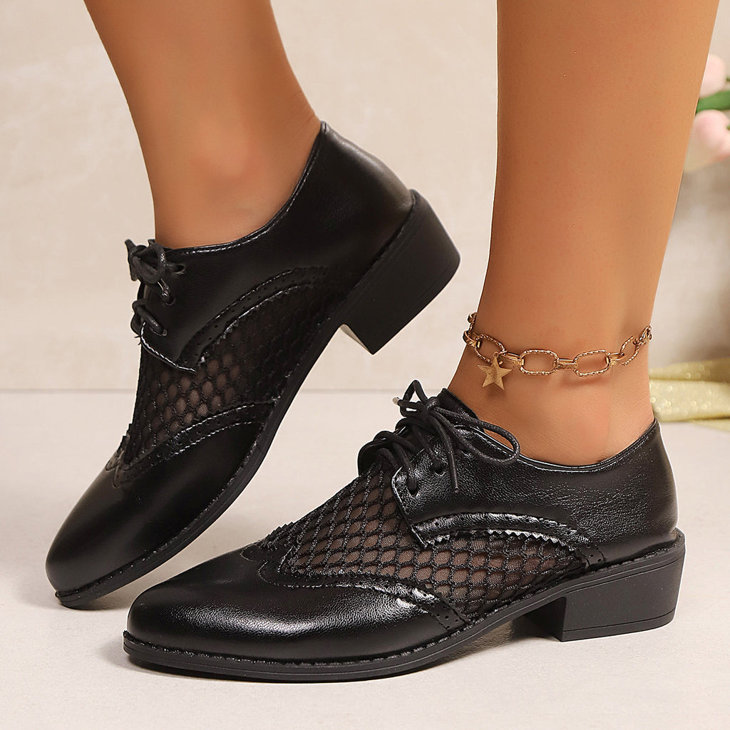 Retro Soft Leather Low Heel Brogue Lace-up Flat Pointed Pumps