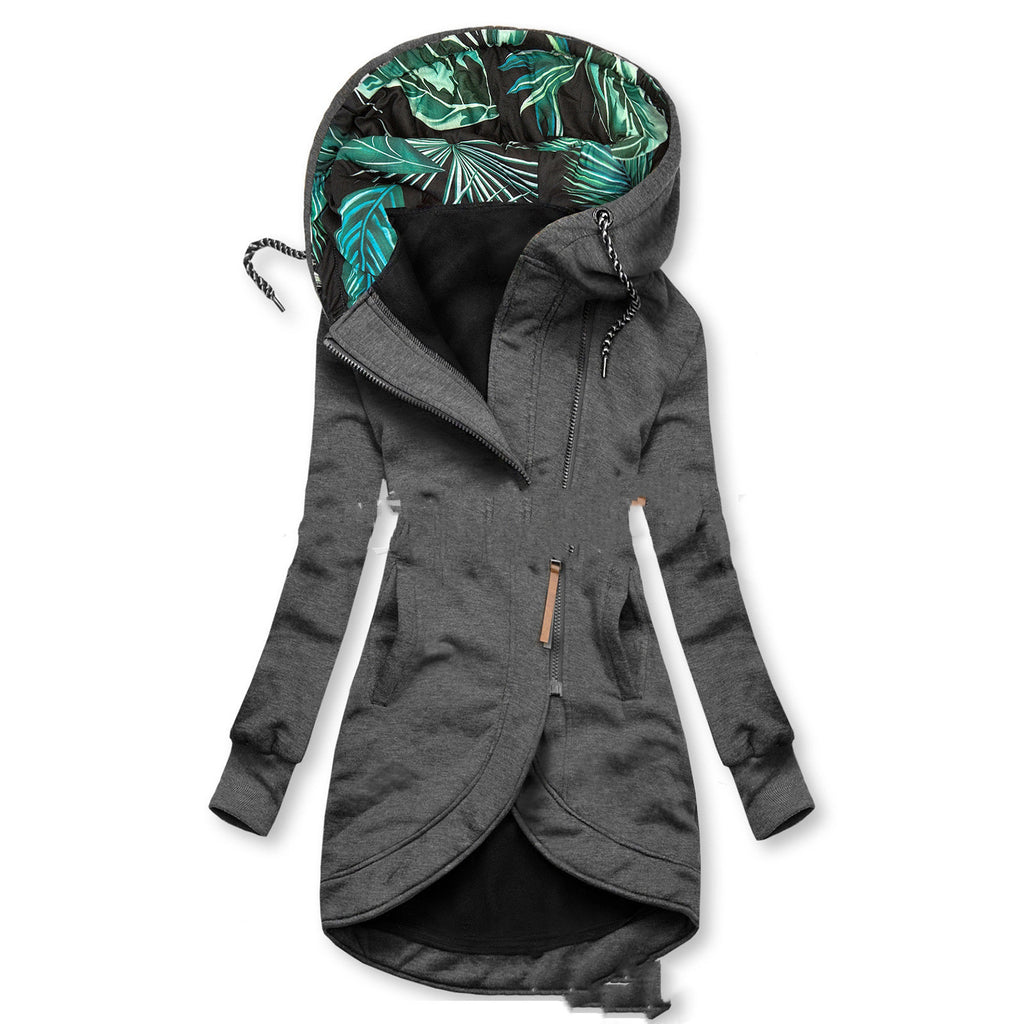 Solid Colour Printed Hooded Long Sleeve Jacket