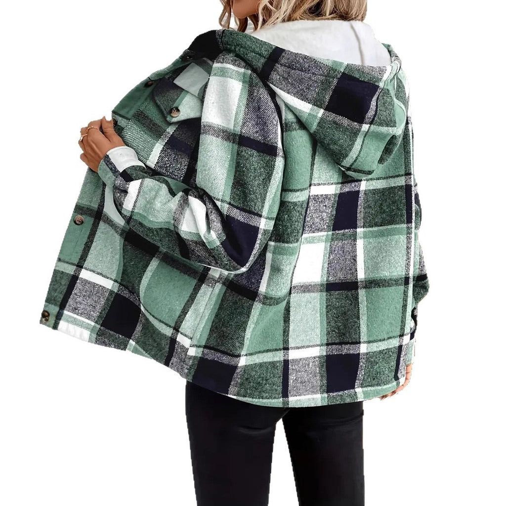 Autumn And Winter Loose Long Sleeve Casual Plaid Hooded Jacket