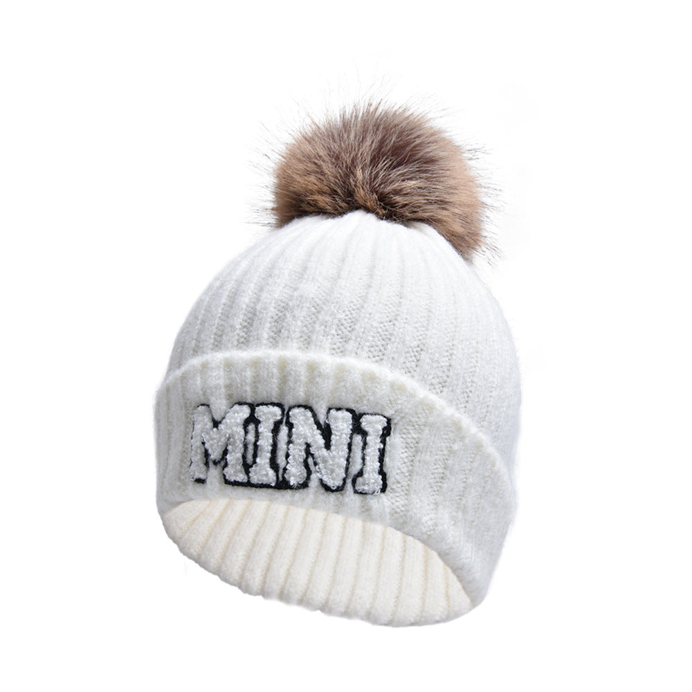 Letter MAMA Woolen Cap Outdoor Fur Ball Warm Hat